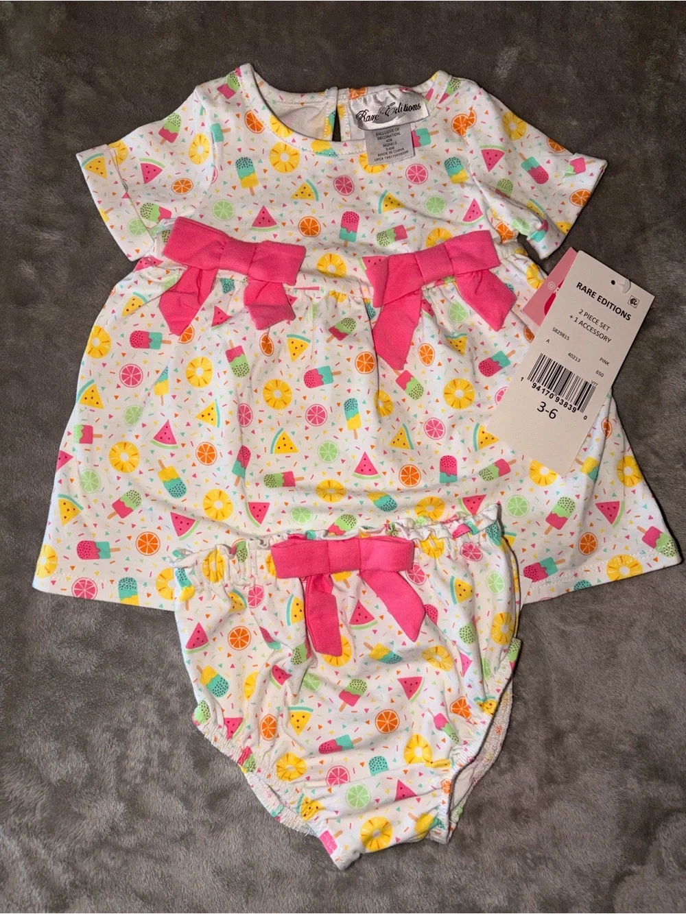 Rare Editions White Fruit Print Dress & Bloomers with Pink Bows 3-6M
